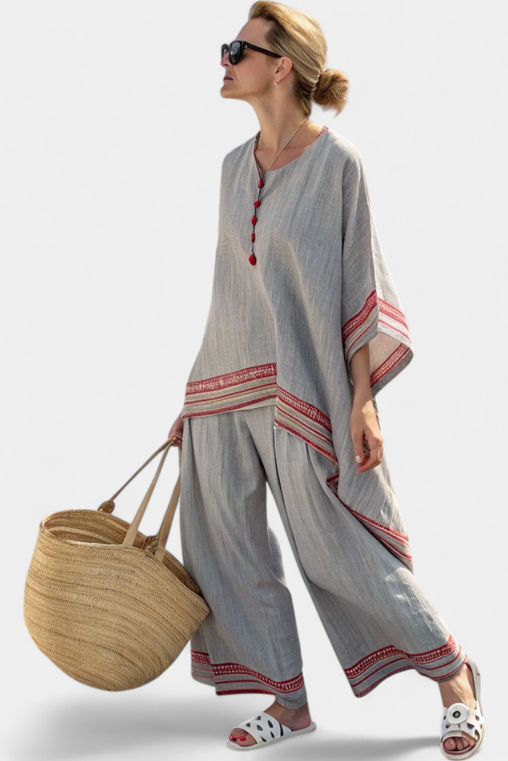 LUCIA LOPEZ™ | Conjunto Étnico De Blusa Asimétrica Y Pantalón Ancho