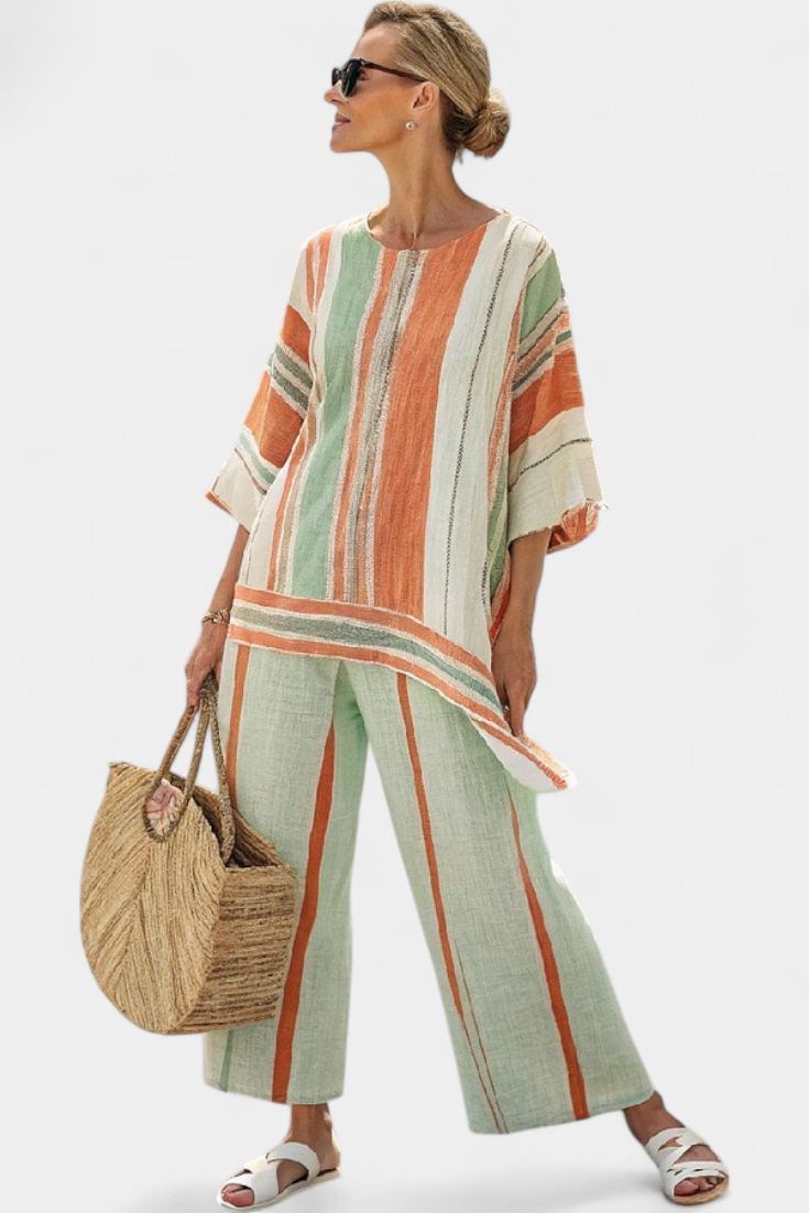 LUCIA LOPEZ™ | Conjunto A Rayas Con Blusa Asimétrica Y Pantalón Ancho