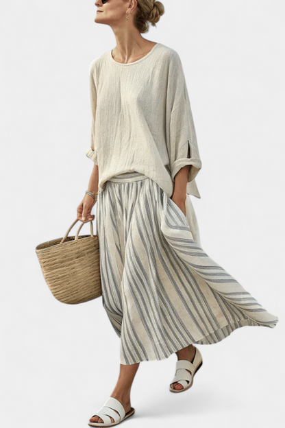 LUCIA LOPEZ™ | Conjunto Casual De Blusa Suelta Y Falda Midi A Rayas