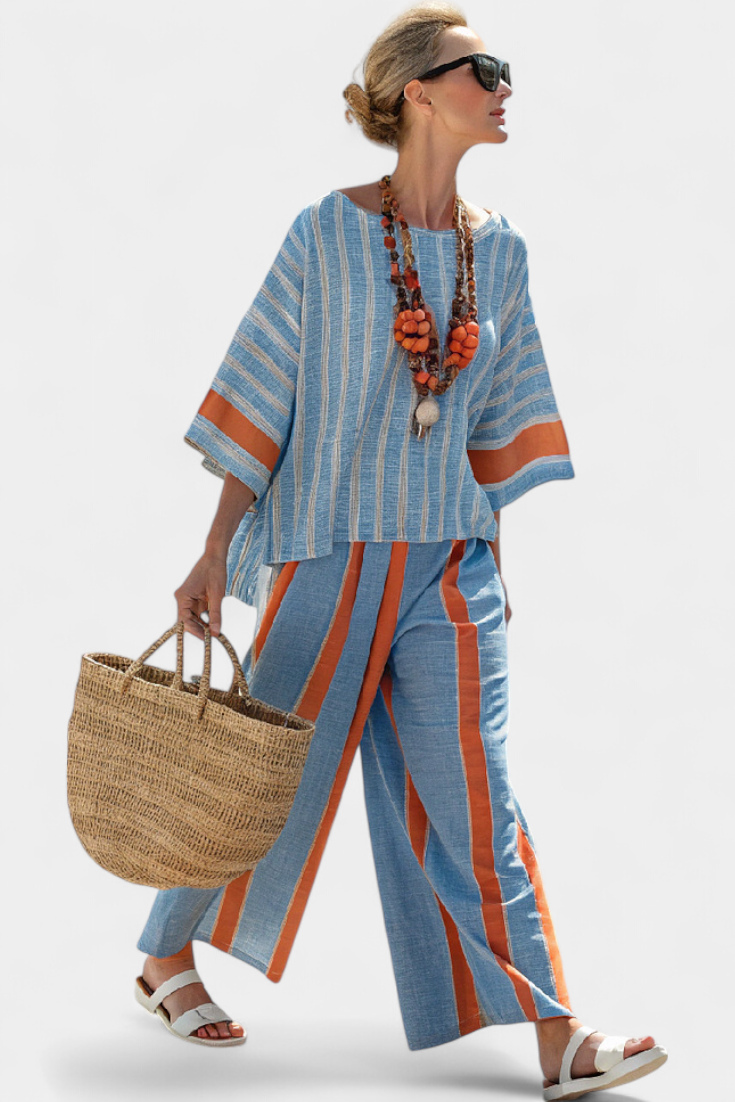 LUCIA LOPEZ™ | Conjunto Mediterráneo Con Rayas Contraste En Terracota Y Azul Cielo