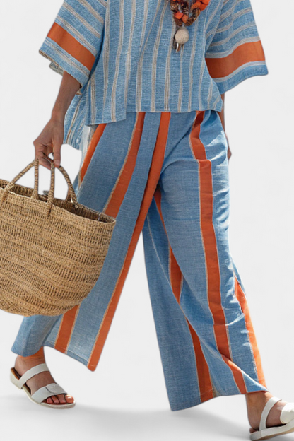 LUCIA LOPEZ™ | Conjunto Mediterráneo Con Rayas Contraste En Terracota Y Azul Cielo
