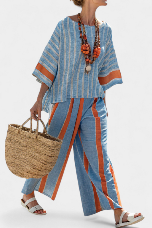 LUCIA LOPEZ™ | Conjunto Mediterráneo Con Rayas Contraste En Terracota Y Azul Cielo