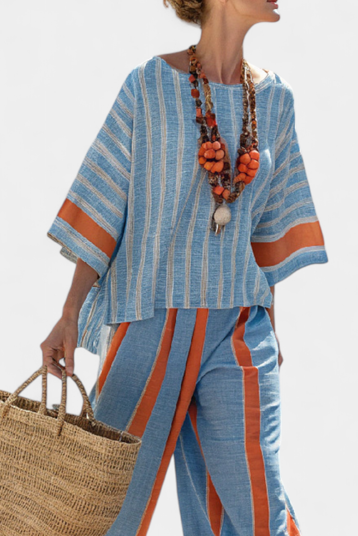 LUCIA LOPEZ™ | Conjunto Mediterráneo Con Rayas Contraste En Terracota Y Azul Cielo