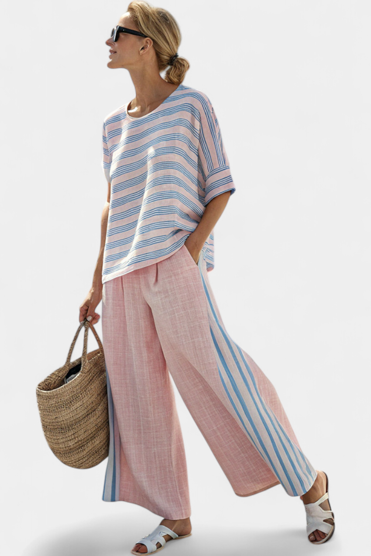LUCIA LOPEZ™ | Conjunto Mediterráneo En Rosa Pastel Con Rayas Celestes
