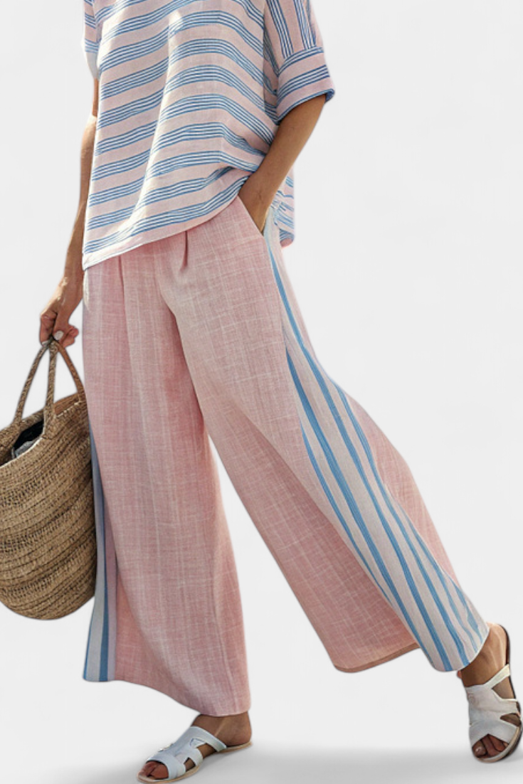 LUCIA LOPEZ™ | Conjunto Mediterráneo En Rosa Pastel Con Rayas Celestes