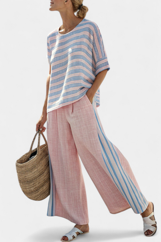 LUCIA LOPEZ™ | Conjunto Mediterráneo En Rosa Pastel Con Rayas Celestes