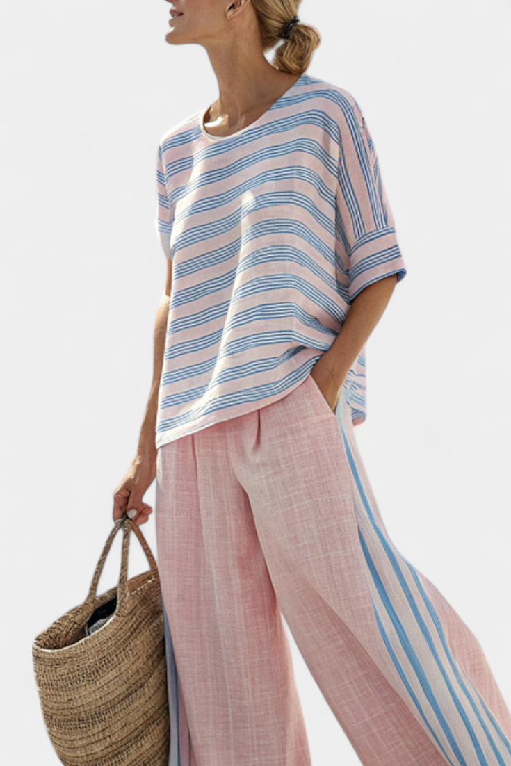 LUCIA LOPEZ™ | Conjunto Mediterráneo En Rosa Pastel Con Rayas Celestes
