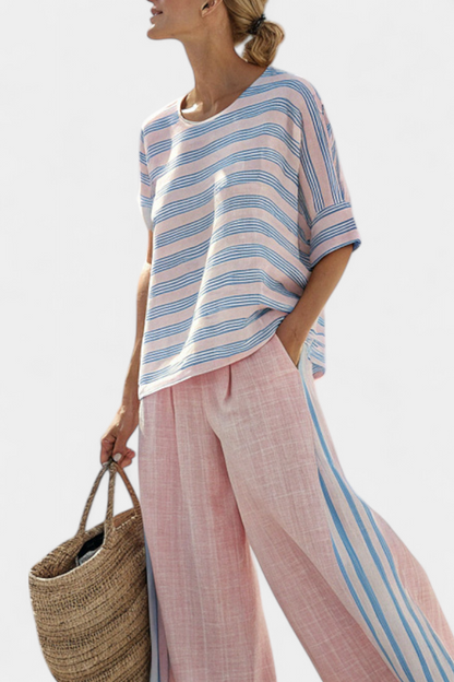 LUCIA LOPEZ™ | Conjunto Mediterráneo En Rosa Pastel Con Rayas Celestes