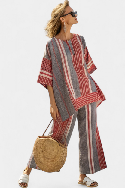 LUCIA LOPEZ™ |  Conjunto Oversize Con Rayas Rojo Coral Y Gris