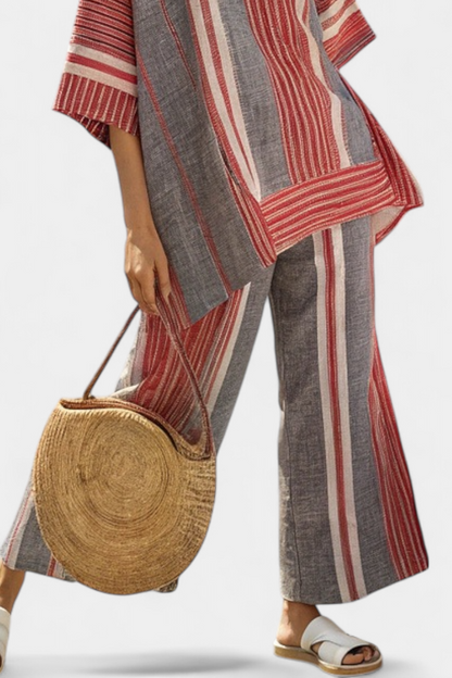 LUCIA LOPEZ™ |  Conjunto Oversize Con Rayas Rojo Coral Y Gris