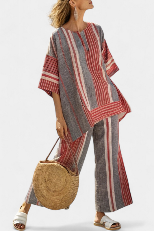 LUCIA LOPEZ™ |  Conjunto Oversize Con Rayas Rojo Coral Y Gris