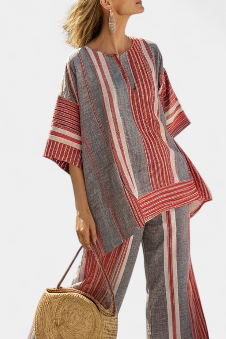 LUCIA LOPEZ™ |  Conjunto Oversize Con Rayas Rojo Coral Y Gris