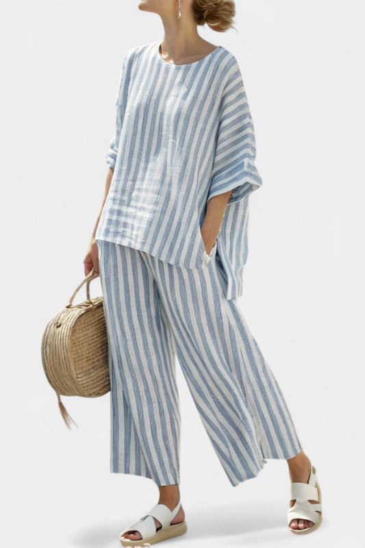 LUCIA LOPEZ™ | Conjunto Mediterráneo Con Rayas Azuladas Y Corte Oversize