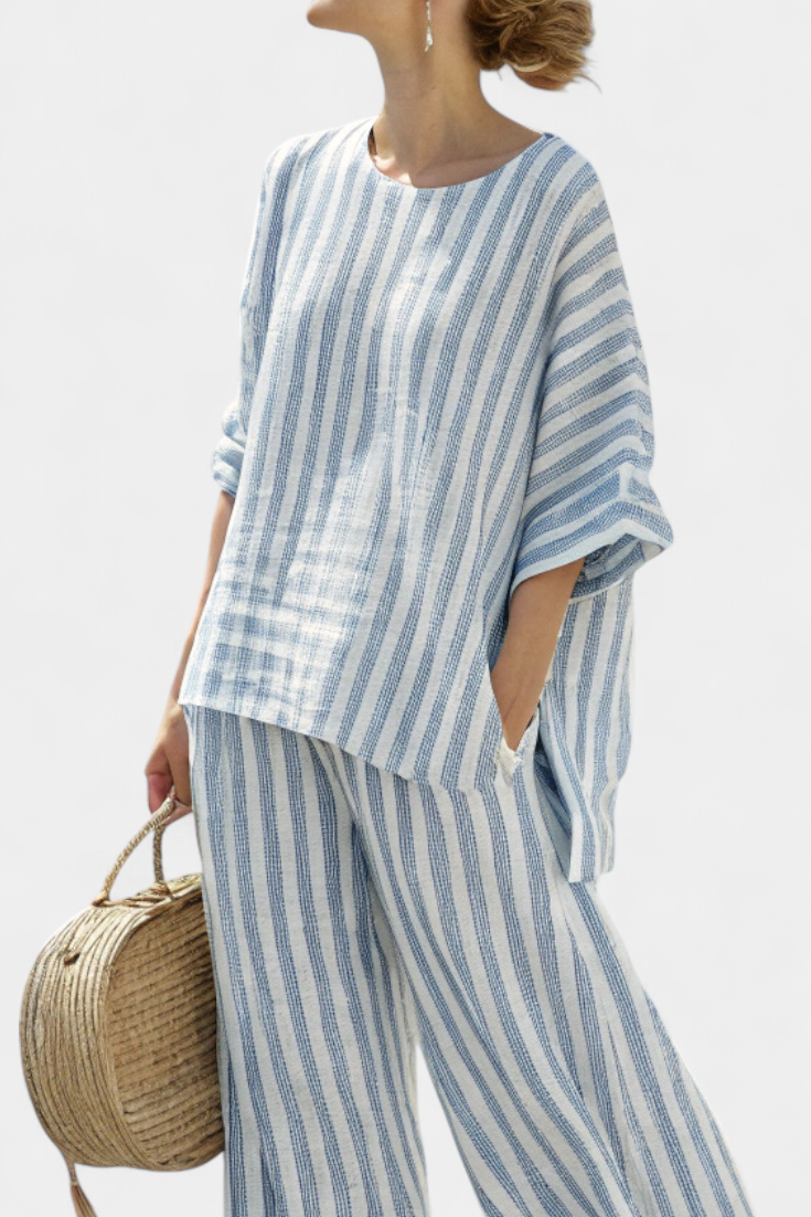 LUCIA LOPEZ™ | Conjunto Mediterráneo Con Rayas Azuladas Y Corte Oversize