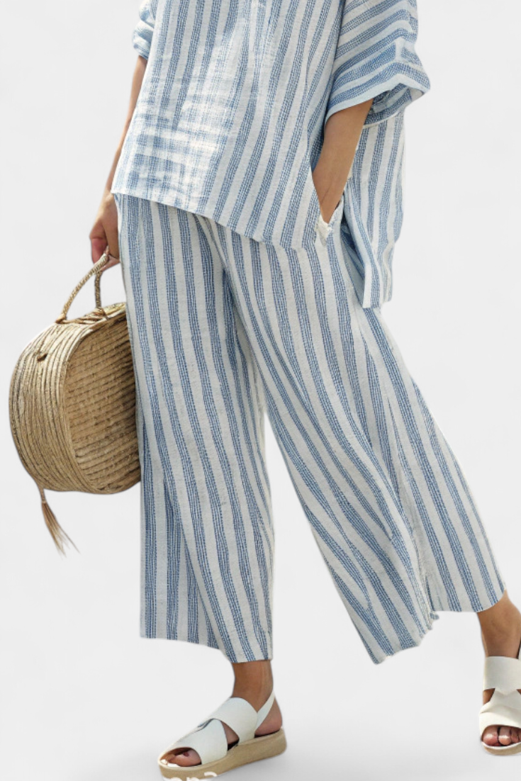 LUCIA LOPEZ™ | Conjunto Mediterráneo Con Rayas Azuladas Y Corte Oversize
