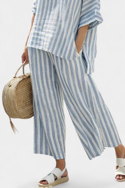 LUCIA LOPEZ™ | Conjunto Mediterráneo Con Rayas Azuladas Y Corte Oversize