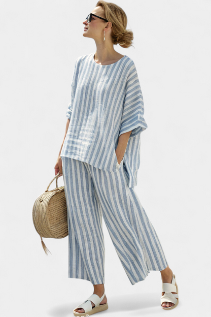 LUCIA LOPEZ™ | Conjunto Mediterráneo Con Rayas Azuladas Y Corte Oversize