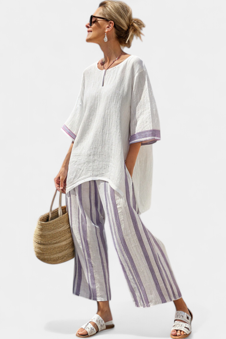 LUCIA LOPEZ™ |  Conjunto Relajado De Blusa Suelta Y Pantalón A Rayas