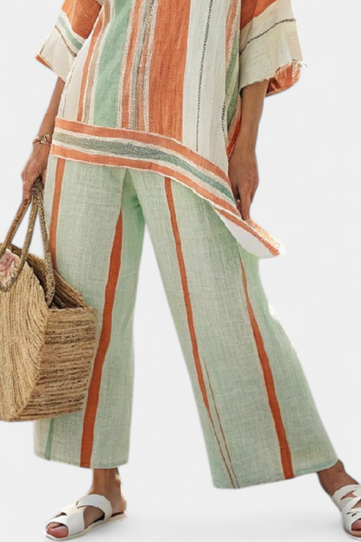 LUCIA LOPEZ™ | Conjunto A Rayas Con Blusa Asimétrica Y Pantalón Ancho