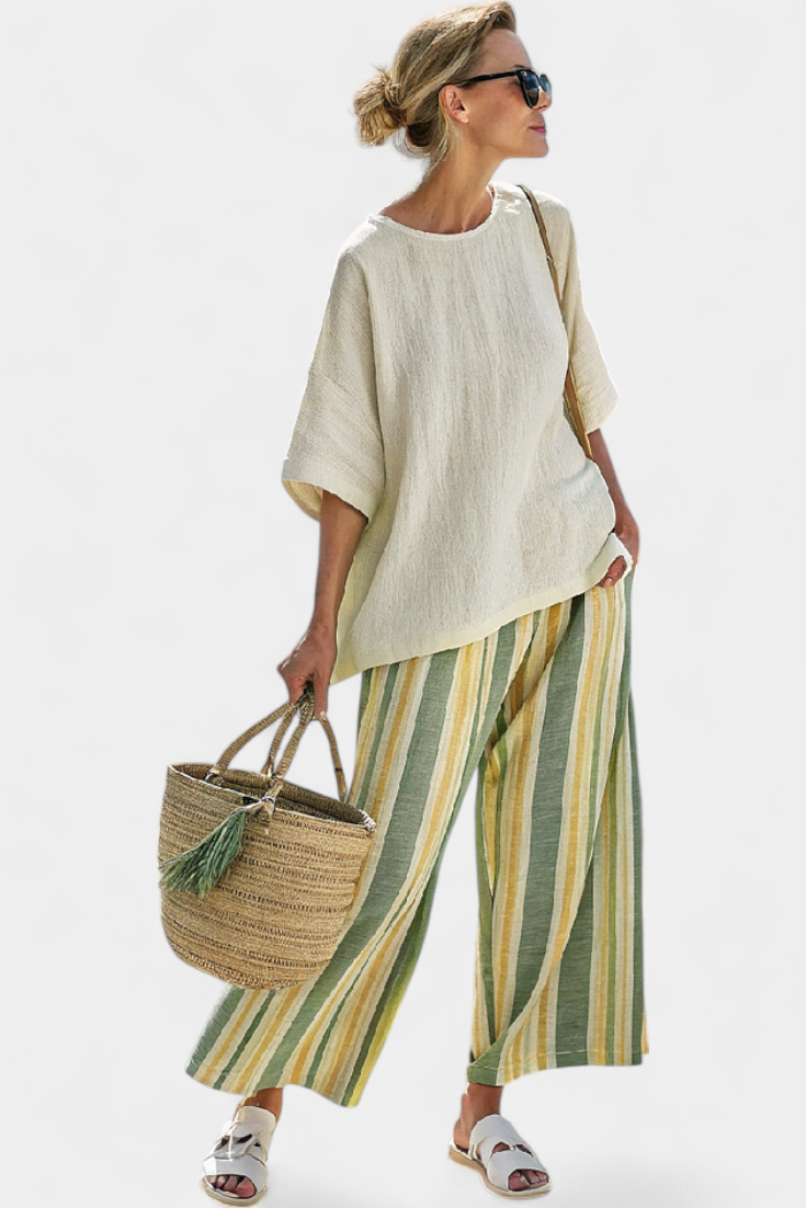 LUCIA LOPEZ™ | Conjunto Mediterráneo Con Rayas Verde Oliva Y Amarillo Suave