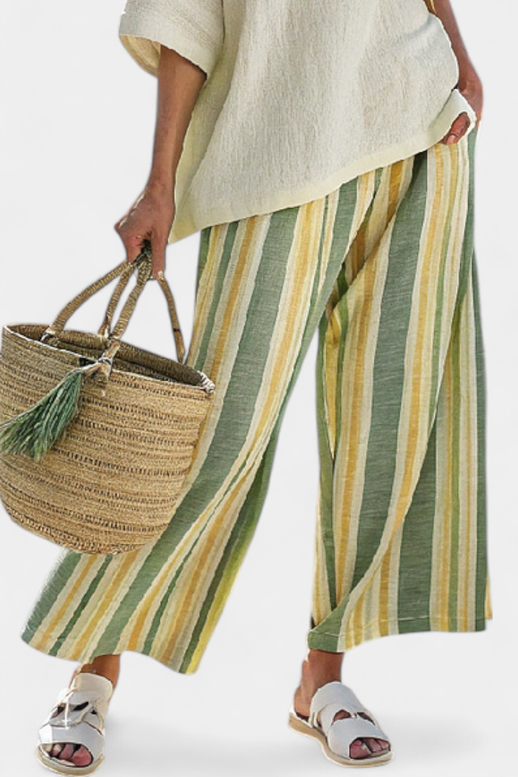 LUCIA LOPEZ™ | Conjunto Mediterráneo Con Rayas Verde Oliva Y Amarillo Suave