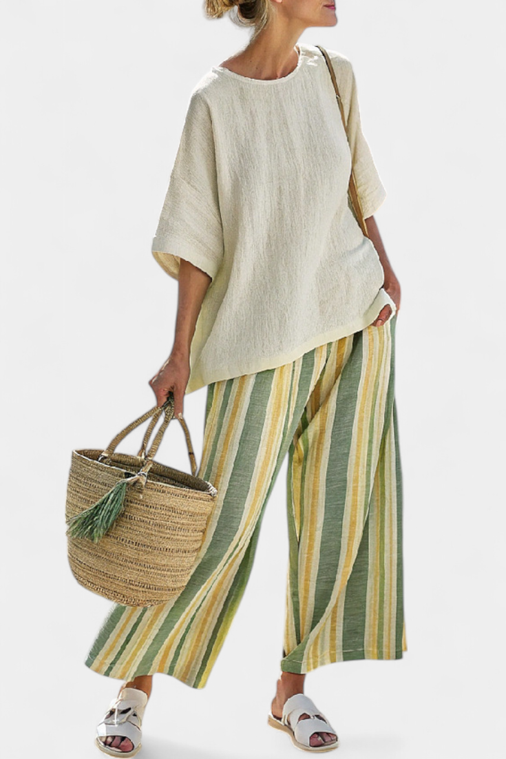 LUCIA LOPEZ™ | Conjunto Mediterráneo Con Rayas Verde Oliva Y Amarillo Suave