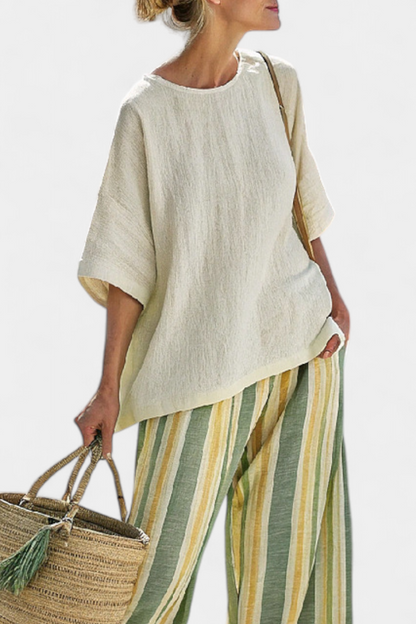 LUCIA LOPEZ™ | Conjunto Mediterráneo Con Rayas Verde Oliva Y Amarillo Suave