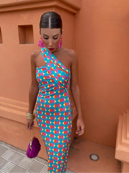 TATIANA™ | Vestido Colorido Con Escote Asimétrico