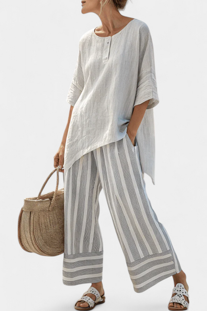 LUCIA LOPEZ™ |  Conjunto De Blusa Asimétrica Y Pantalones Anchos A Rayas
