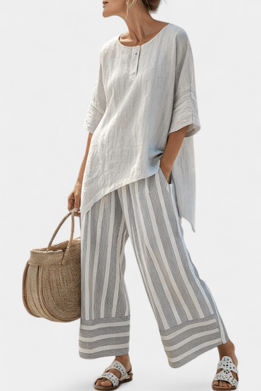 LUCIA LOPEZ™ |  Conjunto De Blusa Asimétrica Y Pantalones Anchos A Rayas