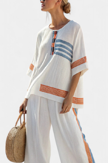 LUCIA LOPEZ™ | Conjunto Étnico Con Detalles A Rayas Azul Y Naranja