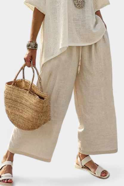 LUCIA LOPEZ™ | Conjunto Minimalista En Crudo De Blusa Suelta Y Pantalones Anchos
