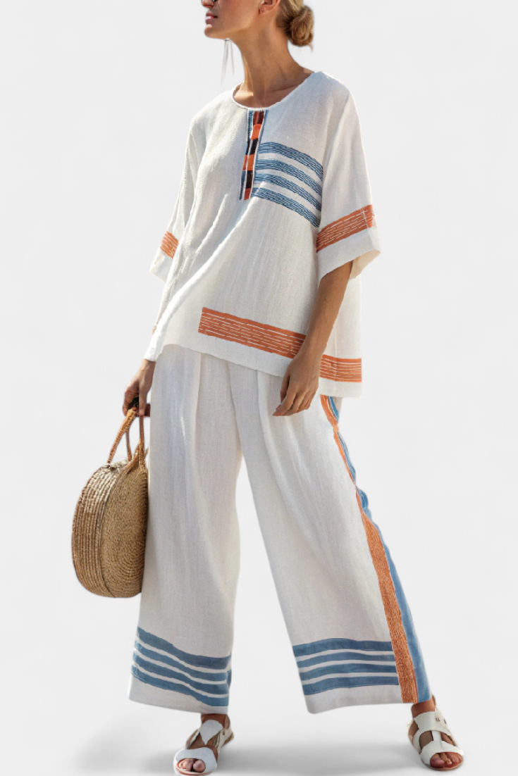 LUCIA LOPEZ™ | Conjunto Étnico Con Detalles A Rayas Azul Y Naranja
