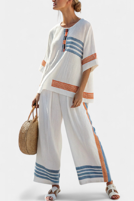 LUCIA LOPEZ™ | Conjunto Étnico Con Detalles A Rayas Azul Y Naranja
