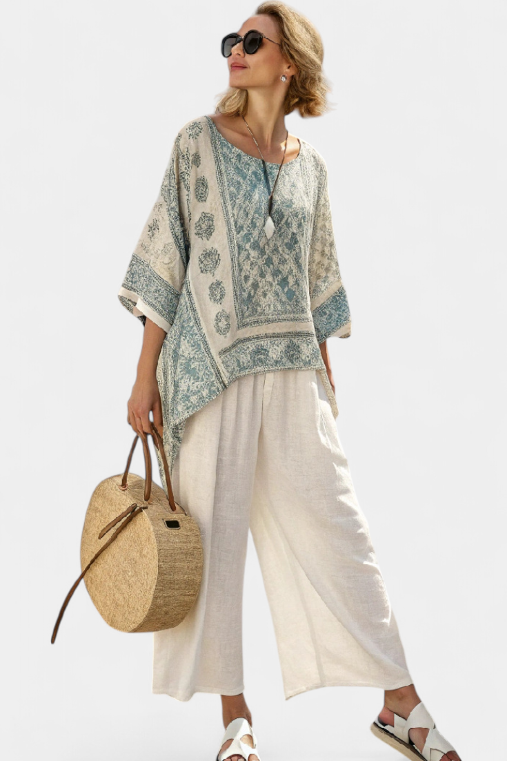 LUCIA LOPEZ™ |  Conjunto Boho De Blusa Estampada Y Pantalones Anchos