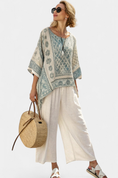 LUCIA LOPEZ™ |  Conjunto Boho De Blusa Estampada Y Pantalones Anchos