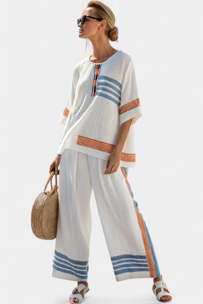 LUCIA LOPEZ™ | Conjunto Étnico Con Detalles A Rayas Azul Y Naranja